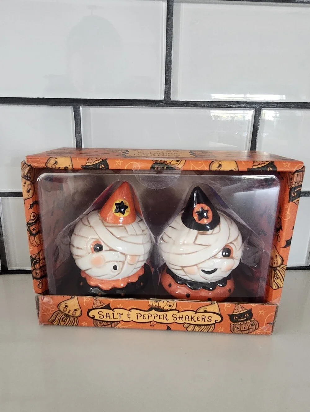 Johanna Parker Halloween Mummy Salt & Pepper Shakers - Orange and Black